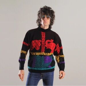 Vintage 80’s Custom Design Sweater Zoo Multicolor Mock Neck Long Sleeve Large